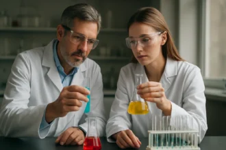 Két kutató kémiai kísérleteken dolgozik laboratóriumban