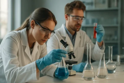 Két kutató laboratóriumban kémiai kísérleteket végez, stabil izotópokat vizsgálva.