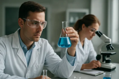 Kémiai laboratóriumi kutatók stacionárius állapot elemzése közben.