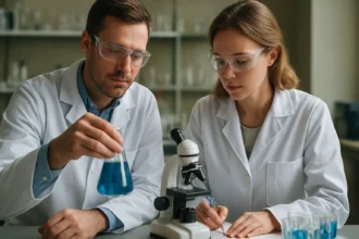 Két kutató a laboratóriumban hidrogénelektród kísérletet végez.