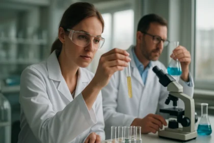 Kísérletező kémikus a laborban, reagensek és mikroszkóp használatával.