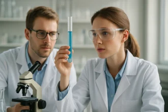 Két kutató laboratóriumban, kémcsőben kék folyadékkal