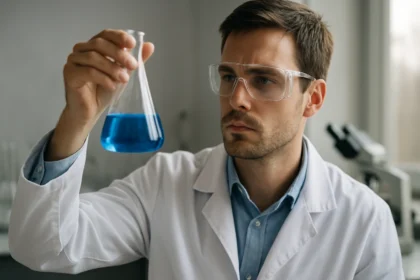 Kémikus kék folyadékkal teli lombikot vizsgál