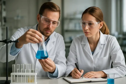 Két kutató laboratóriumban, kék folyadékkal teli kémcsővel és jegyzetfüzettel.