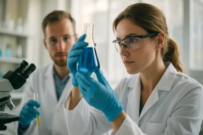 Két kémikus laboratóriumban dolgozik, miközben egy kémcsövet néznek.