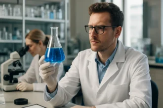 Laboratóriumi kémikus kék folyadékkal a gőzreformáláshoz kapcsolódó kísérlet során.