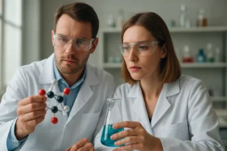 Két tudós laboratóriumban, Sterculia gumi kutatása közben.