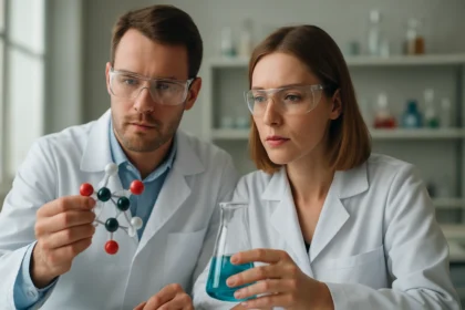 Két tudós laboratóriumban, Sterculia gumi kutatása közben.