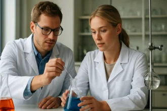 Két laboratóriumi szakember kémiai reakciót tanulmányoz.