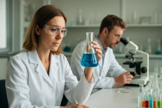 Két tudós kémiai kísérletet végez a laboratóriumban.