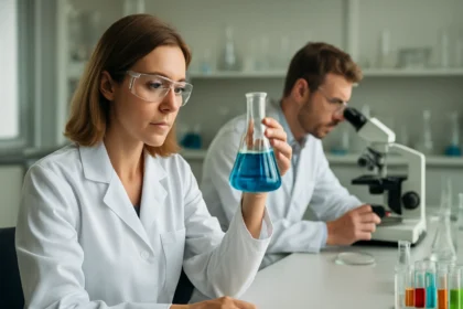 Két tudós kémiai kísérletet végez a laboratóriumban.