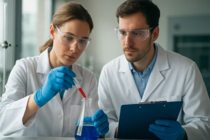 Két kutató laborban antimon vegyületekkel dolgozik.