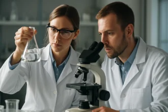 Két kutató laboratóriumban strobilurin vegyületeket vizsgál