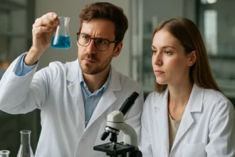 Két vegyész laboratóriumban, kék folyadékkal és mikroszkóppal