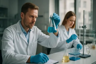 Két tudós, meszes víz kémiai elemzése laboratóriumban.