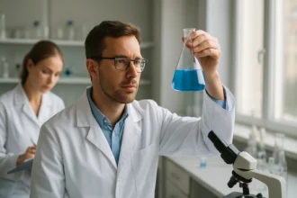 Kémikus kék folyadékot vizsgál egy erlenmeyer flakonban.