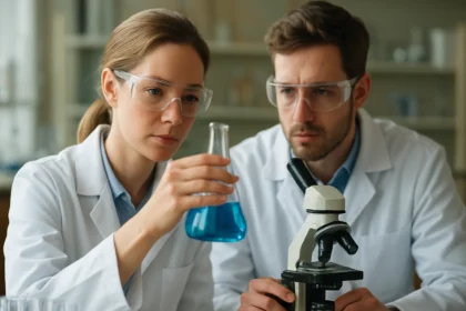 Két kutató laboratóriumban kék folyadékkal teli lombikra figyel.