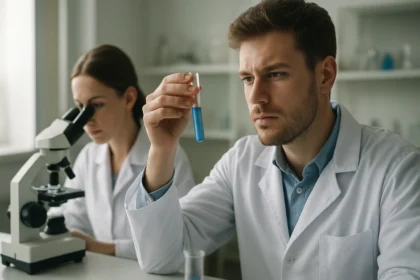 Kémikusok laboratóriumban kísérleteznek stroncium-karbonáttal.