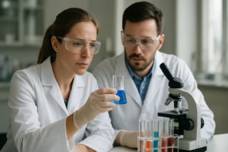 Két kutató laboratóriumban, kémcsöveket és mikroszkópot vizsgálnak.