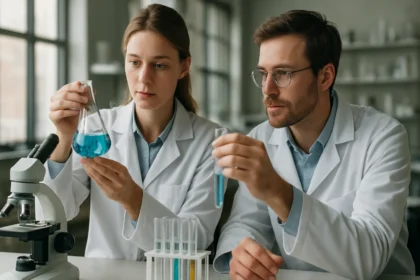 Két kutató laboratóriumban, kémiai kísérletekhez szükséges anyagokat vizsgálnak.