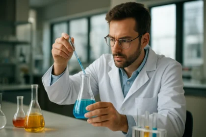 Kémikus szukralóz keverését végzi laboratóriumban