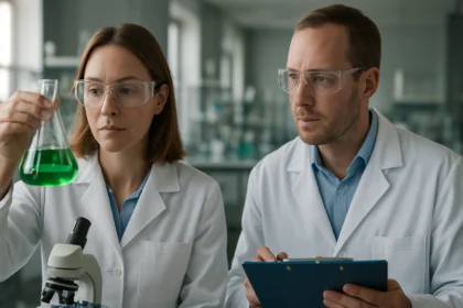 Két tudós laboratóriumban, kénnel kapcsolatos kísérleten dolgoznak.