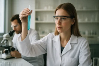 Kémikus, aki laboratóriumban kémcsövet vizsgál.