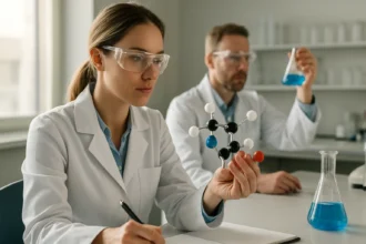 Két tudós laboratóriumban, tisztítószer összetevőket vizsgálva.