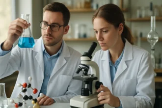 Két kémikus laboratóriumban dolgozik, egyikük kék folyadékot vizsgál.