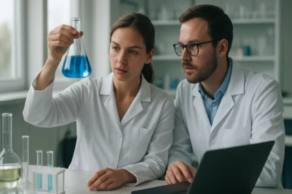 Két tudós laboratóriumban sűrítőanyagokkal foglalkozik.