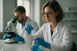 Kémiai kísérletező laboratóriumban dolgozó nő és férfi tudósok.