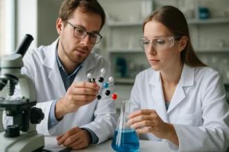 Két tudós a laborban kémiai reakciót vizsgál, miközben molekulamodelleket használnak.