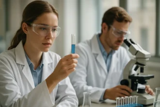 Két kutató a laboratóriumban, egy nő pipettát tart, férfi mikroszkóppal dolgozik.