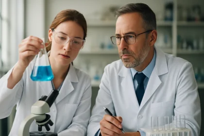 Két kémikus laboratóriumban, sztereoizoméria kísérlet közben.