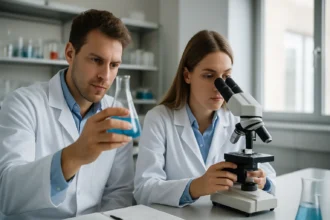 Két kutató laboratóriumban különböző anyagokat vizsgál