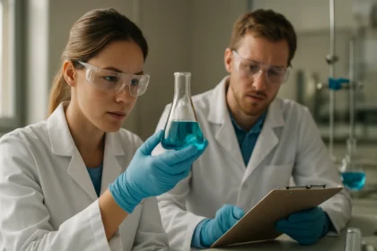 Két kutató laboratóriumban szafranint vizsgálva