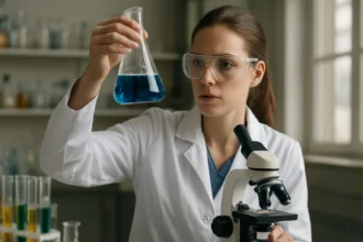 Női tudós a laborban, kék folyadékot vizsgálva a kémcsőben.