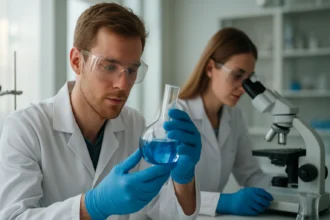 Két kutató kémiai kísérleten dolgozik laboratóriumban.