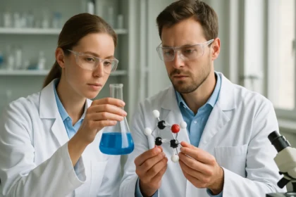 Kutatók a laboratóriumban szalmiáksót vizsgálnak kémiai elemzés céljából.