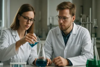 Laboratóriumi kutatók kémiai kísérletet végeznek