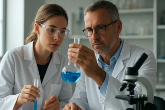 Két tudós laboratóriumban kémiai kísérletet végez, szappankő, ásványok