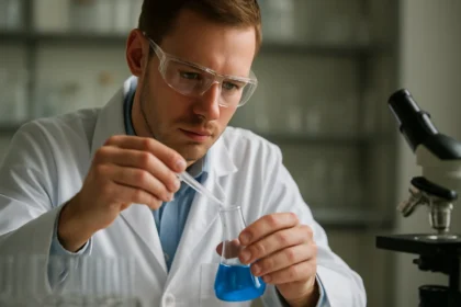 Férfi kémikus kék folyadékkal végzi a kutatást laboratóriumban.