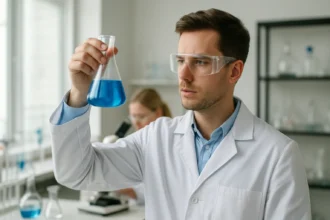 Tudós laborkörnyezetben kék folyadékot vizsgál egy kémcsőben.