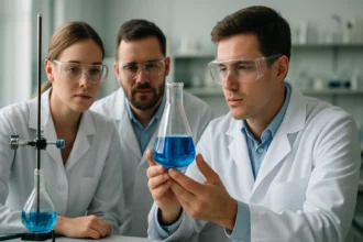 Tudósok laboratóriumi környezetben folyékony anyagot vizsgálva.