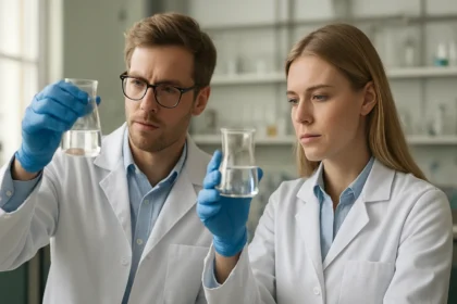 Két laboratóriumi szakember laboratóriumi kémcsövekkel végzi a kísérleteket.