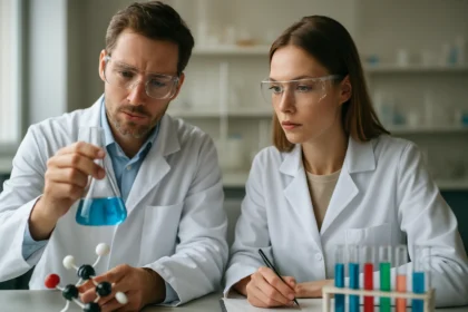 Két kutató laboratóriumi környezetben szárítószerekkel dolgozik.