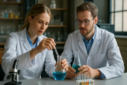 Két kutató laboratóriumban kémiai reakciót végez.