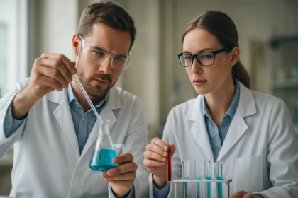 Két kémikus laboratoriumi kísérletet végez égő üvegben kék folyadékkal.