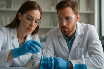 Két kutató laboratóriumi munkát végez szekunder aminokkal