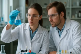 Két kutató laboratóriumban kémiai kísérletet végez